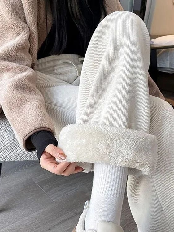 Дамски панталони с подплата от флис, с права кройка, смес полиестер-еластан (30–50% еластан), дебели зимни ежедневни панталони с еластична талия