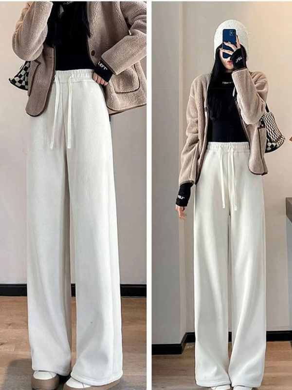 Дамски панталони с подплата от флис, с права кройка, смес полиестер-еластан (30–50% еластан), дебели зимни ежедневни панталони с еластична талия