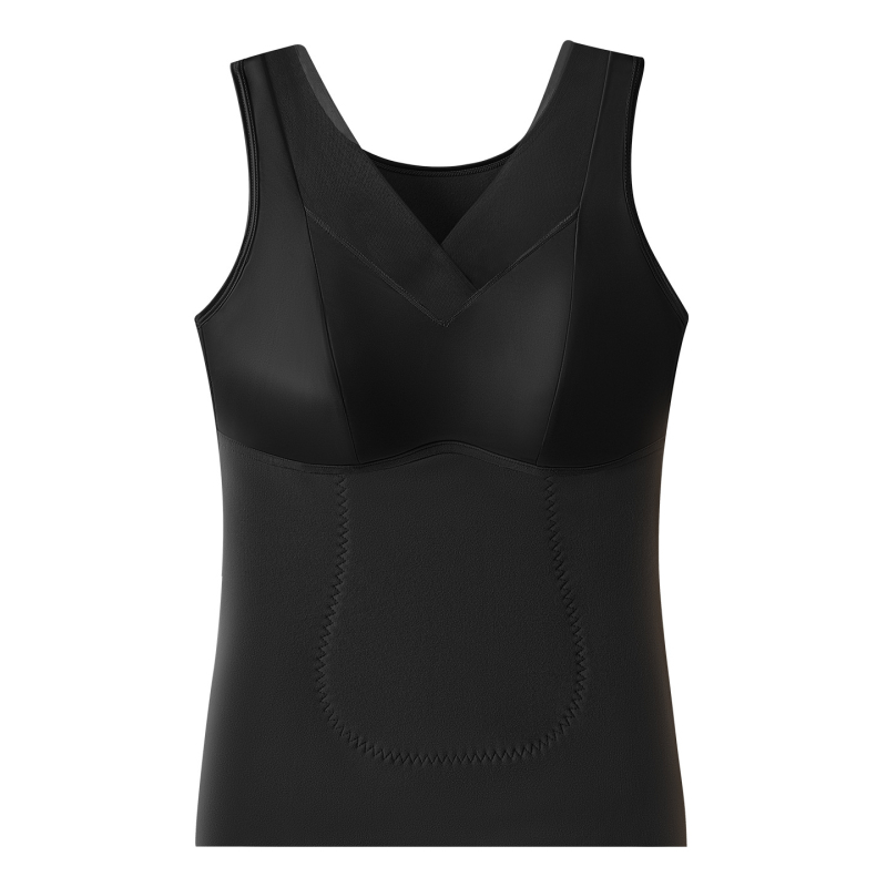 Женски термо потник с вградени чашки и подплата за бюст, двойна конструкция, полиестер 90–95%, тялооформящ и топъл, подходящ за носене като външен слой.