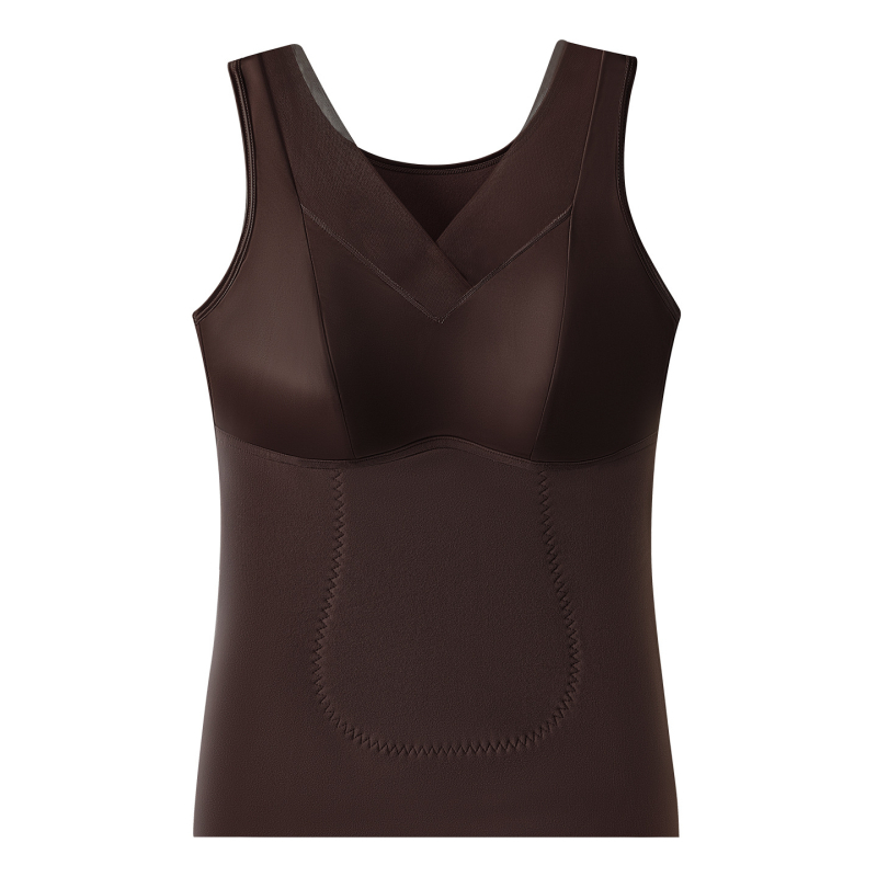 Женски термо потник с вградени чашки и подплата за бюст, двойна конструкция, полиестер 90–95%, тялооформящ и топъл, подходящ за носене като външен слой.