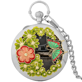 Kvarca muzikālais kabatas pulkstenis ar izgrieztiem ziedu un tauriņu motīviem, pasaules laiks, 58 mm skaitītāja diametrs, cinka sakares korpuss