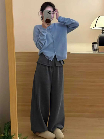Chill casual hlače od lažnog kašmira, visokog struka, ravnog kroja s opuštenom siluetom, debeli materijal, japansko-korejski opušteni stil