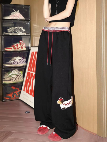 Γυναικείοι καθημερινοί ευθύγραμμοι παντελόνες με εκτύπωση Dachshund σε αμερικανικό ρετρό στυλ (Μεσαία μέση, Πολυεστέρας, Ίσια γραμμή, Άνοιξη 2025)