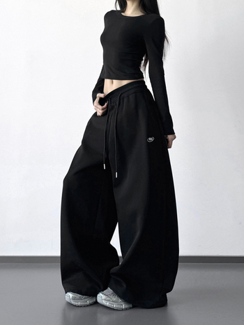 Ženske trenirke s flis podstavom, teške, s zakrivljenim rubom, visokim strukom, širokim krojem, zima 2025