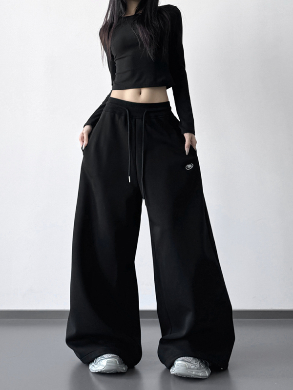 Ženske trenirke s flis podstavom, teške, s zakrivljenim rubom, visokim strukom, širokim krojem, zima 2025