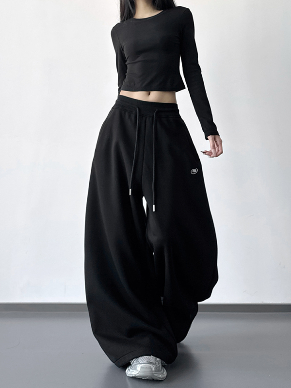 Ženske trenirke s flis podstavom, teške, s zakrivljenim rubom, visokim strukom, širokim krojem, zima 2025