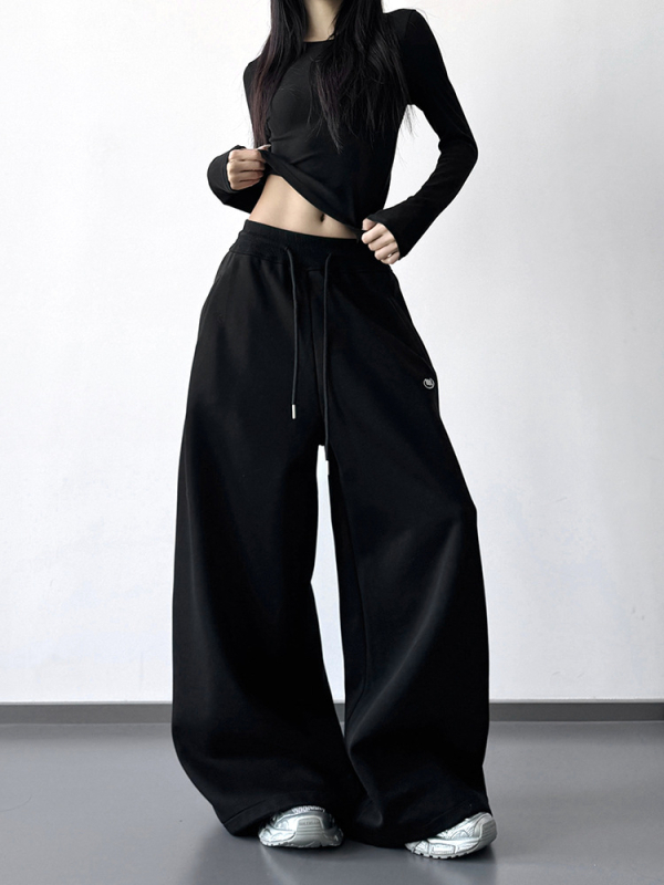 Ženske trenirke s flis podstavom, teške, s zakrivljenim rubom, visokim strukom, širokim krojem, zima 2025