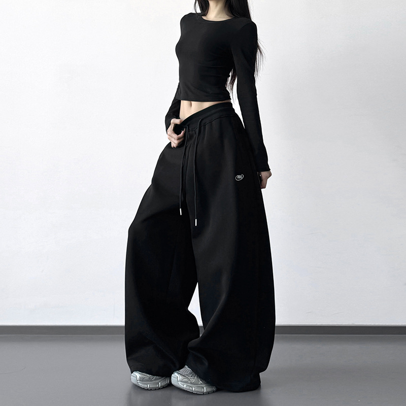 Ženske trenirke s flis podstavom, teške, s zakrivljenim rubom, visokim strukom, širokim krojem, zima 2025