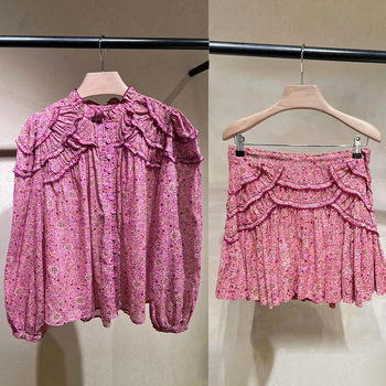 Ženski set: bluza s puff rukavima i kratka suknja A‑kroja, cvjetni uzorak, pamuk, ljeto 2025, gradski stil