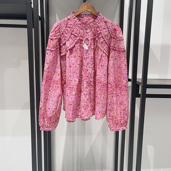 Ženski set: bluza s puff rukavima i kratka suknja A‑kroja, cvjetni uzorak, pamuk, ljeto 2025, gradski stil