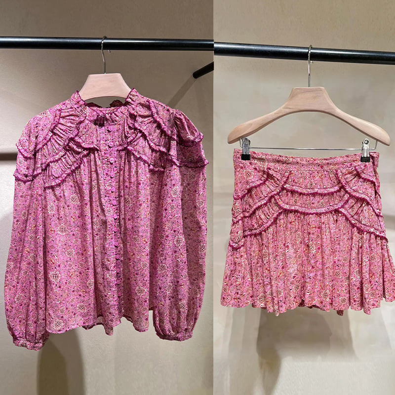 Ženski set: bluza s puff rukavima i kratka suknja A‑kroja, cvjetni uzorak, pamuk, ljeto 2025, gradski stil