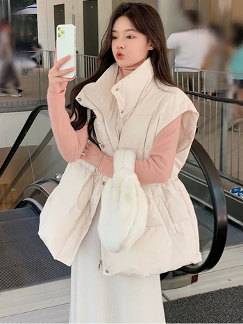 Vesta de puf pentru femei, lungime ultra- scurtă, guler înălțat, țesătură Chenille-Spandex, umplutură din puf alb de rață, croială lejeră