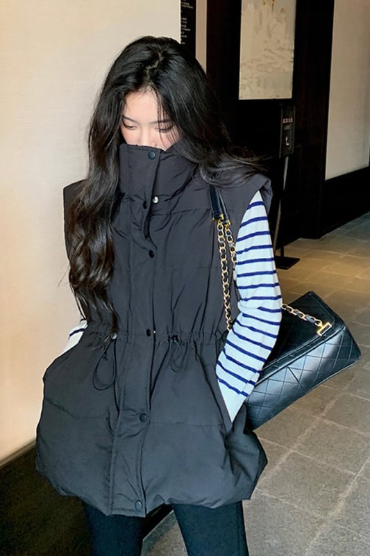 Vesta de puf pentru femei, lungime ultra- scurtă, guler înălțat, țesătură Chenille-Spandex, umplutură din puf alb de rață, croială lejeră