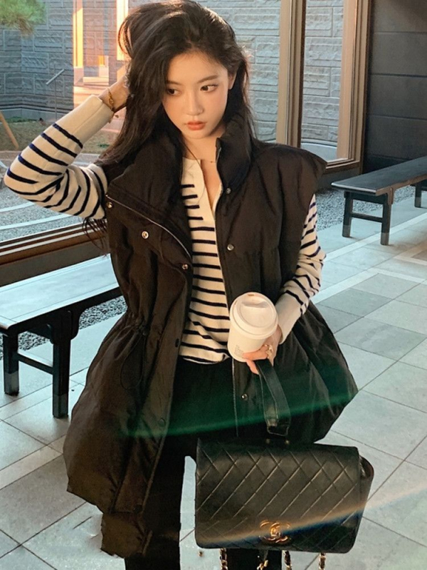 Vesta de puf pentru femei, lungime ultra- scurtă, guler înălțat, țesătură Chenille-Spandex, umplutură din puf alb de rață, croială lejeră