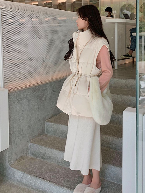 Vesta de puf pentru femei, lungime ultra- scurtă, guler înălțat, țesătură Chenille-Spandex, umplutură din puf alb de rață, croială lejeră