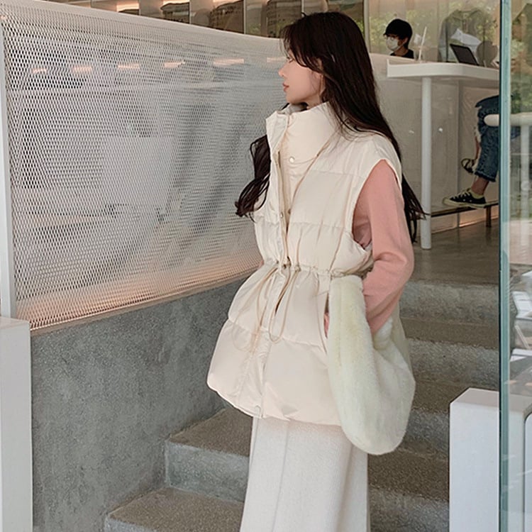 Vesta de puf pentru femei, lungime ultra- scurtă, guler înălțat, țesătură Chenille-Spandex, umplutură din puf alb de rață, croială lejeră