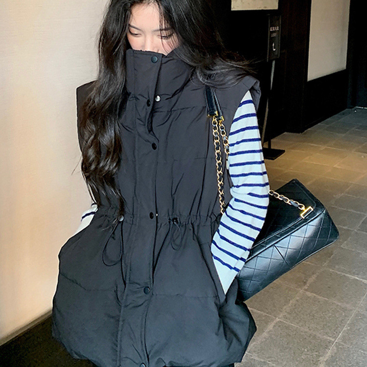 Vesta de puf pentru femei, lungime ultra- scurtă, guler înălțat, țesătură Chenille-Spandex, umplutură din puf alb de rață, croială lejeră