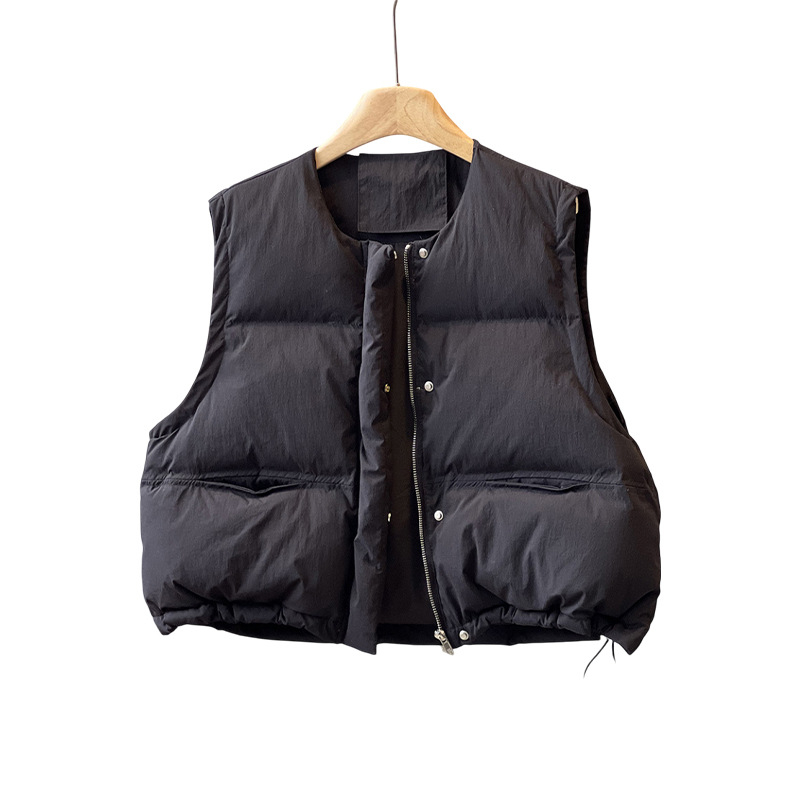 Vesta din nylon cu umplutură de bumbac, lungime scurtă, guler rotund, fermoar, croială lejeră