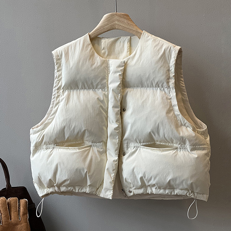 Vesta din nylon cu umplutură de bumbac, lungime scurtă, guler rotund, fermoar, croială lejeră