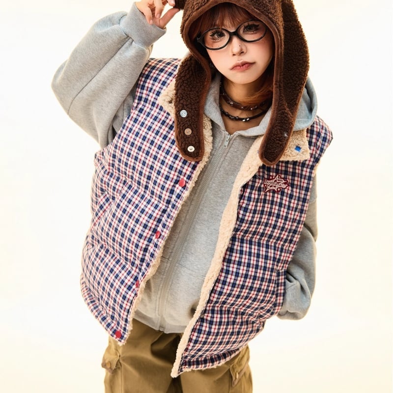 Γυναικείο γιλέκο από πολυεστέρα με εξωτερικό ύφασμα πολυεστέρα, γέμισμα πολυεστέρα-βαμβάκι, φερμουάρ, γλυκό στυλ ιαπωνοκορεατικό χαλαρό