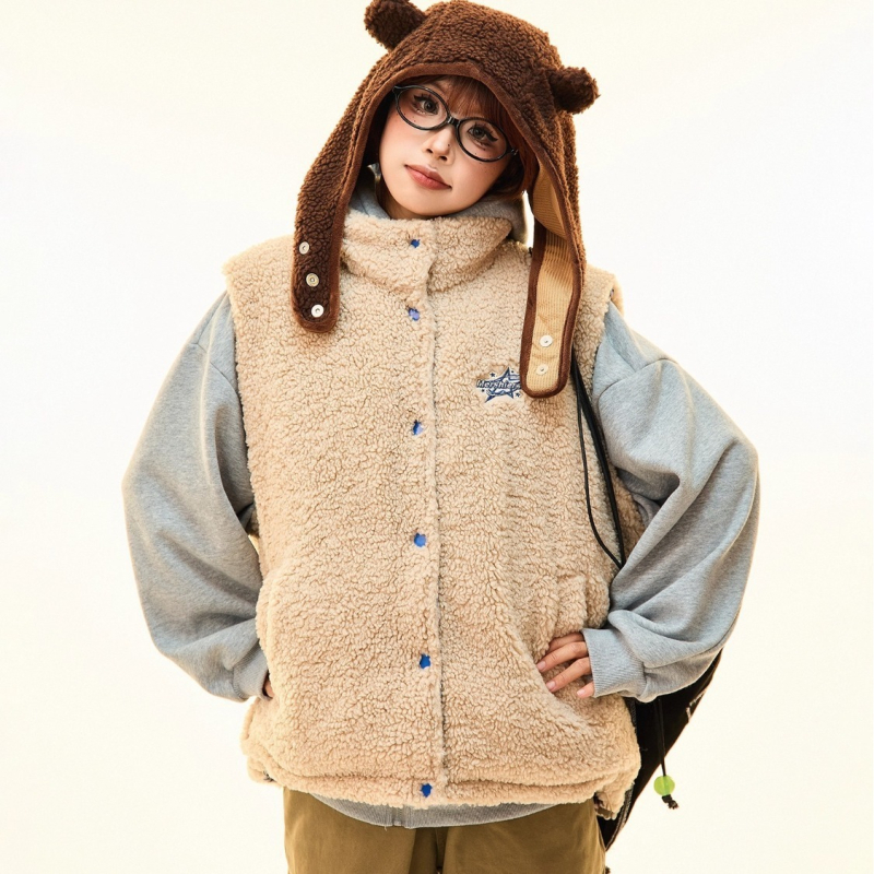 Γυναικείο γιλέκο από πολυεστέρα με εξωτερικό ύφασμα πολυεστέρα, γέμισμα πολυεστέρα-βαμβάκι, φερμουάρ, γλυκό στυλ ιαπωνοκορεατικό χαλαρό