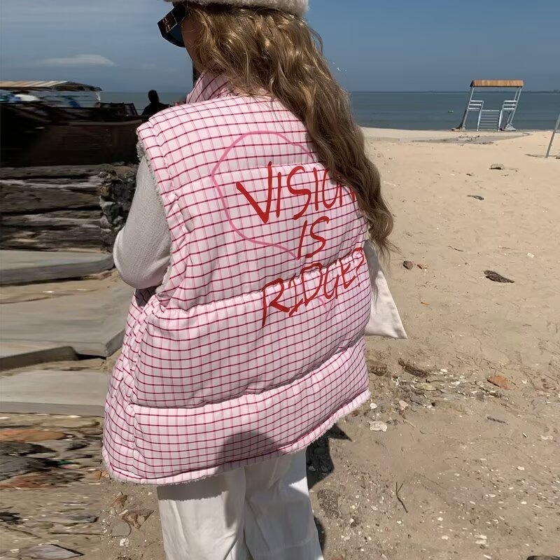 Γυναικείο γιλέκο από πολυεστέρα με εξωτερικό ύφασμα πολυεστέρα, γέμισμα πολυεστέρα-βαμβάκι, φερμουάρ, γλυκό στυλ ιαπωνοκορεατικό χαλαρό