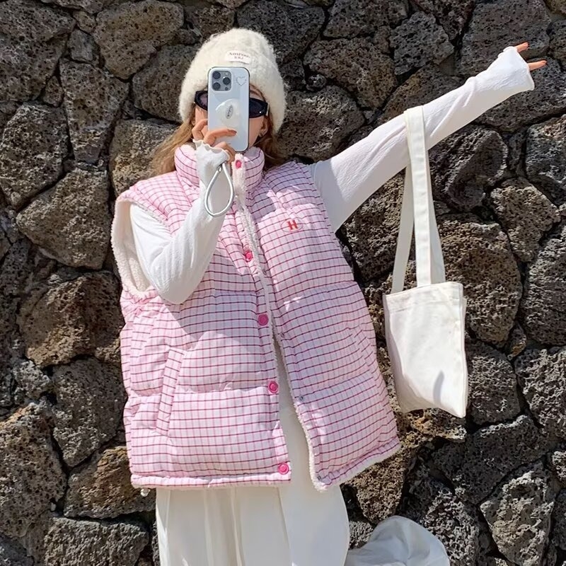Γυναικείο γιλέκο από πολυεστέρα με εξωτερικό ύφασμα πολυεστέρα, γέμισμα πολυεστέρα-βαμβάκι, φερμουάρ, γλυκό στυλ ιαπωνοκορεατικό χαλαρό