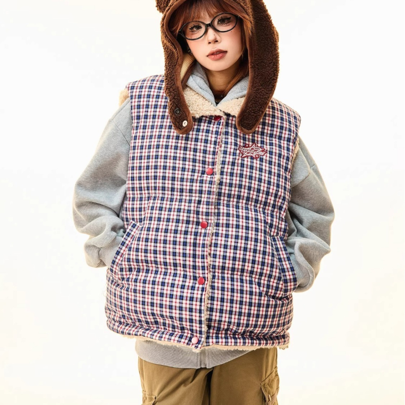 Γυναικείο γιλέκο από πολυεστέρα με εξωτερικό ύφασμα πολυεστέρα, γέμισμα πολυεστέρα-βαμβάκι, φερμουάρ, γλυκό στυλ ιαπωνοκορεατικό χαλαρό