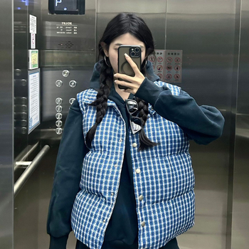 Ženska poliesterova vesta bez rukava, sa stojećim ovratnikom, geometrijski uzorak, debeli punjenje, zatvarač