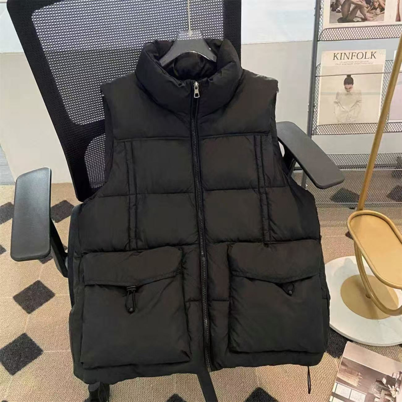 Ženska poliesterova vesta bez rukava, sa stojećim ovratnikom, geometrijski uzorak, debeli punjenje, zatvarač