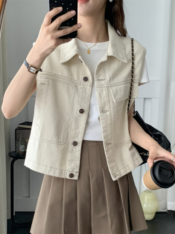 Ženski pamučno-poliesterni prsluk s polo ovratnikom i kopčama, jesen 2025, ležerni japansko-korejski stil