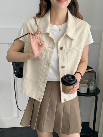 Ženski pamučno-poliesterni prsluk s polo ovratnikom i kopčama, jesen 2025, ležerni japansko-korejski stil
