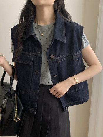 Ženski pamučno-poliesterni prsluk s polo ovratnikom i kopčama, jesen 2025, ležerni japansko-korejski stil