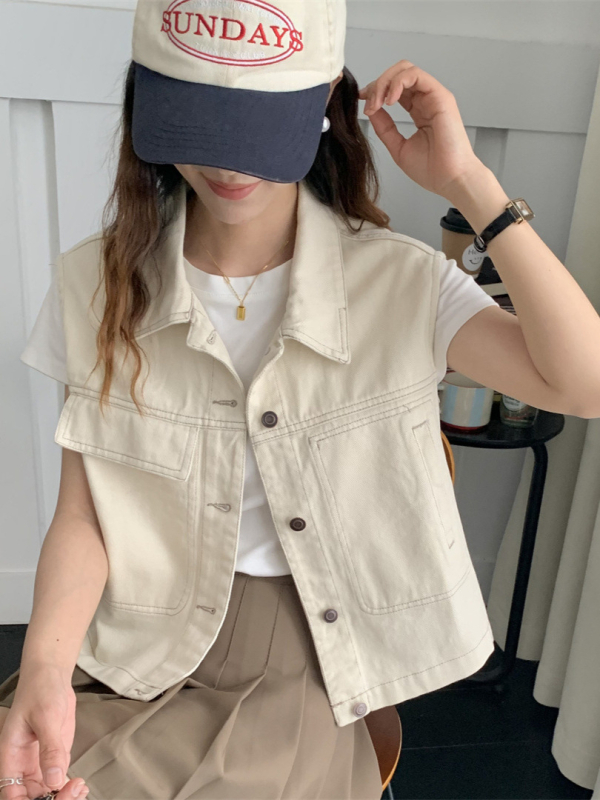 Ženski pamučno-poliesterni prsluk s polo ovratnikom i kopčama, jesen 2025, ležerni japansko-korejski stil