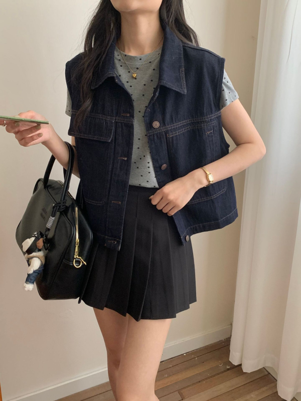 Ženski pamučno-poliesterni prsluk s polo ovratnikom i kopčama, jesen 2025, ležerni japansko-korejski stil