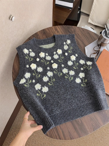 Ženska vesta u korejskom stilu, pleteni crochet, s okruglim izrezom, cvjetni uzorak, slobodan kroj za slojevito oblačenje tijekom jeseni i zime