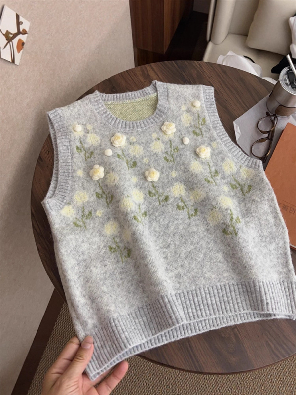 Ženska vesta u korejskom stilu, pleteni crochet, s okruglim izrezom, cvjetni uzorak, slobodan kroj za slojevito oblačenje tijekom jeseni i zime