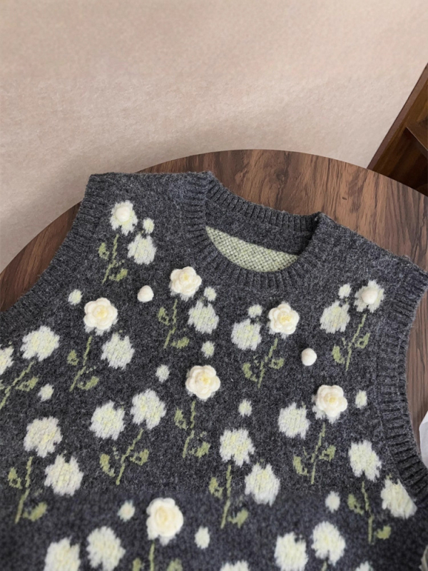 Ženska vesta u korejskom stilu, pleteni crochet, s okruglim izrezom, cvjetni uzorak, slobodan kroj za slojevito oblačenje tijekom jeseni i zime