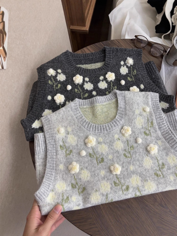 Ženska vesta u korejskom stilu, pleteni crochet, s okruglim izrezom, cvjetni uzorak, slobodan kroj za slojevito oblačenje tijekom jeseni i zime