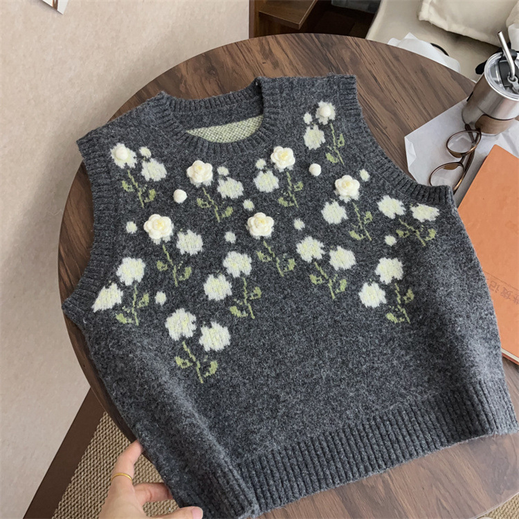 Ženska vesta u korejskom stilu, pleteni crochet, s okruglim izrezom, cvjetni uzorak, slobodan kroj za slojevito oblačenje tijekom jeseni i zime