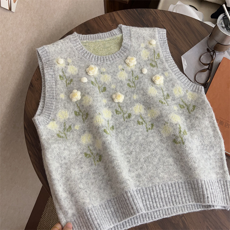 Ženska vesta u korejskom stilu, pleteni crochet, s okruglim izrezom, cvjetni uzorak, slobodan kroj za slojevito oblačenje tijekom jeseni i zime