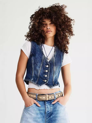 Džins prsluk s V izrezom, uski kroj, kratka duljina, zatvaranje kopčama