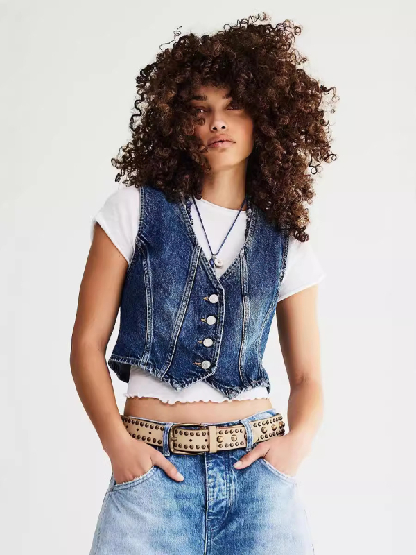 Džins prsluk s V izrezom, uski kroj, kratka duljina, zatvaranje kopčama