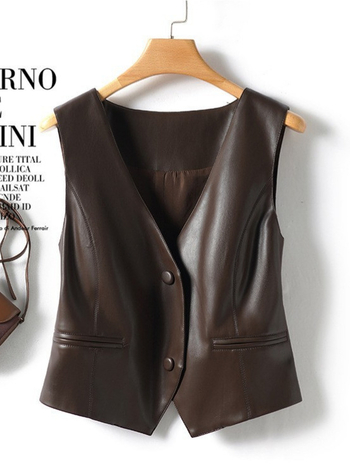 Női valódi báránybőr mellény, V-nyak, karcsú szabás, normál hossz, tavasz 2025