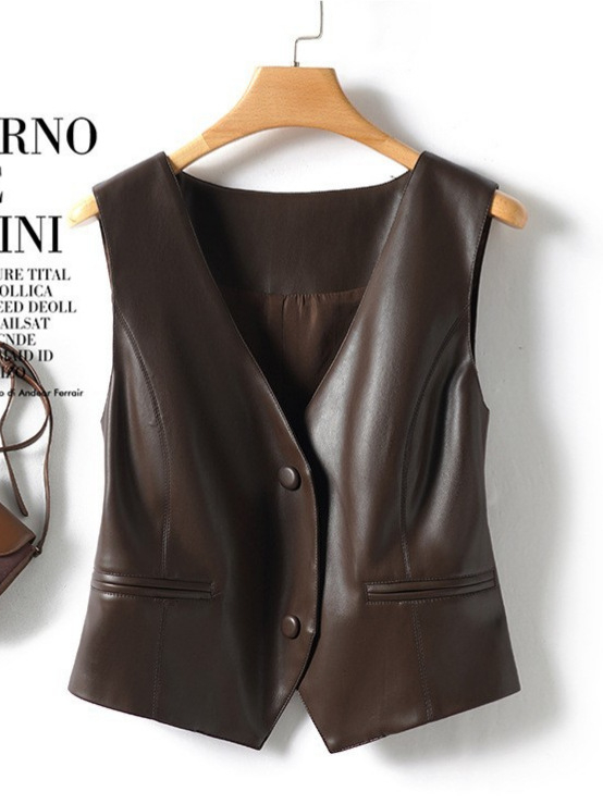 Női valódi báránybőr mellény, V-nyak, karcsú szabás, normál hossz, tavasz 2025