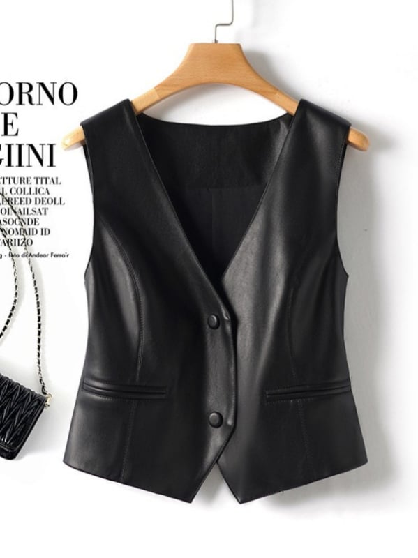 Női valódi báránybőr mellény, V-nyak, karcsú szabás, normál hossz, tavasz 2025