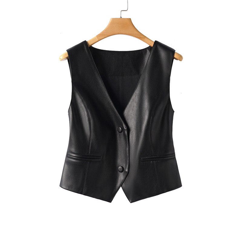 Női valódi báránybőr mellény, V-nyak, karcsú szabás, normál hossz, tavasz 2025