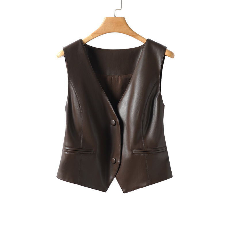 Női valódi báránybőr mellény, V-nyak, karcsú szabás, normál hossz, tavasz 2025