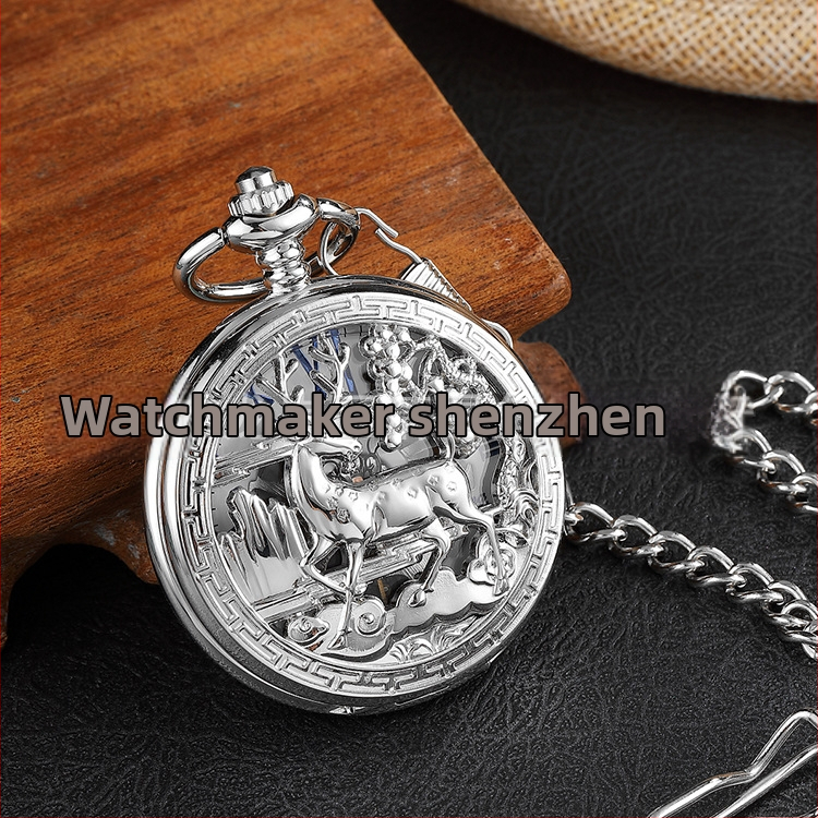 Ceas de buzunar mecanic pentru colier, cu motiv de cerb decupat, mecanism rabat, stil vintage — Mișcare: mecanică; Model: 618; Brand: Dandong; Carcasă: aliaj; Închidere: lanț gros