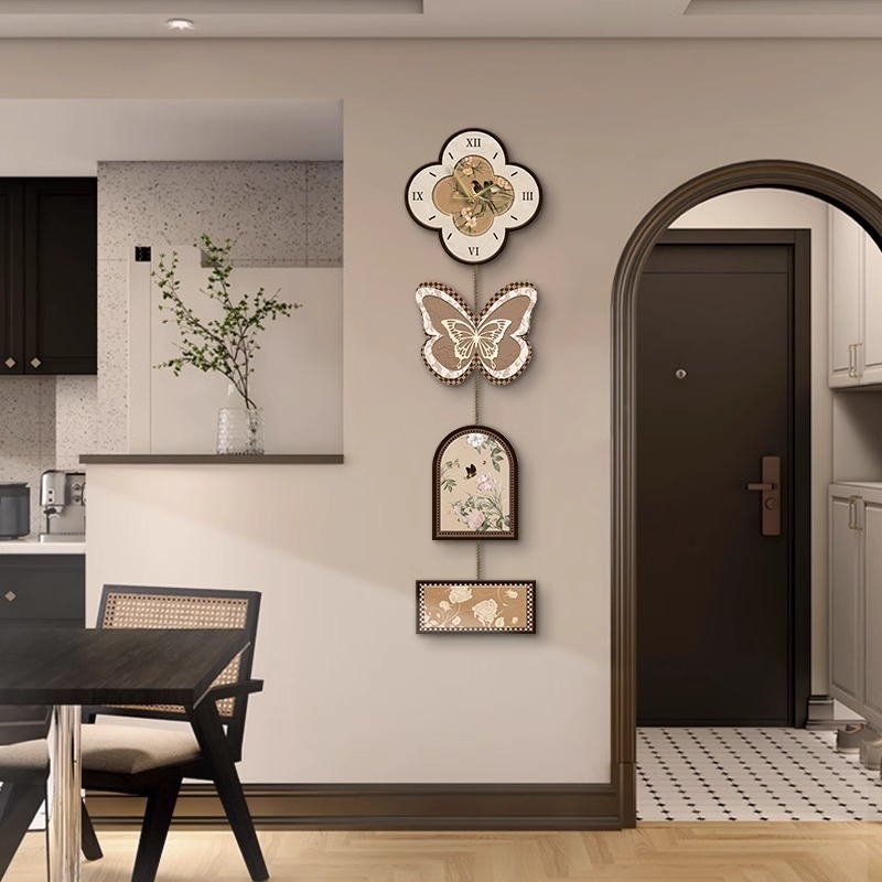 Četru paneļu bezrāmju sienas gleznas ar tauriņu pulksteņa motīvu - retro noskaņa dzīvojamajai istabai un guļamistabai